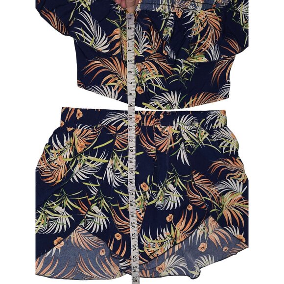 Shein Size XL Off Shoulder Halter Top with Wrap Hem Shorts Tropical Print Multic - Picture 5 of 6
